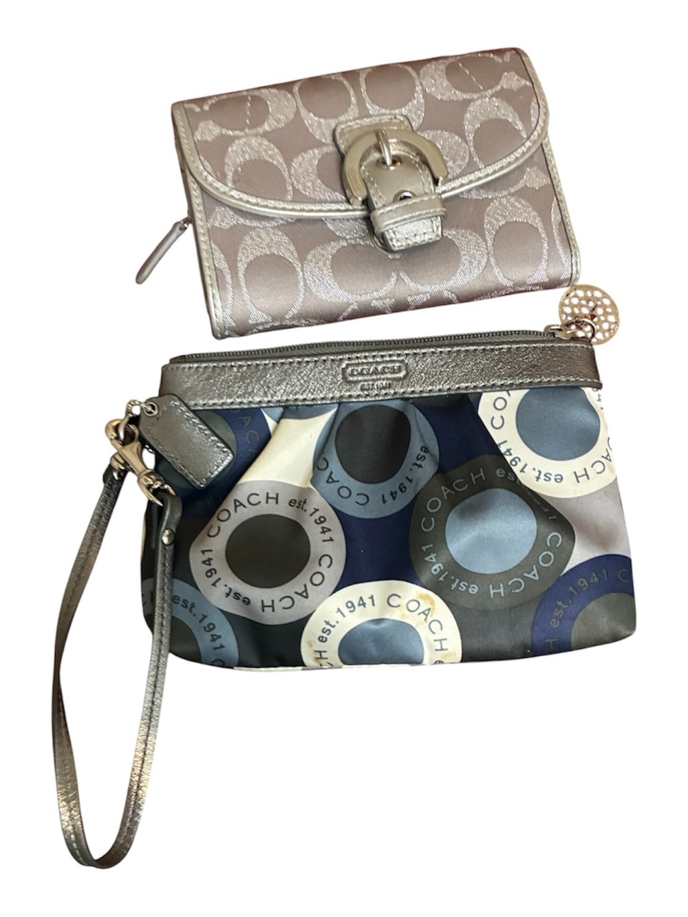 Coach Metallic Pink Wallet with Blue & Silver Circle-Print Wristlet Set